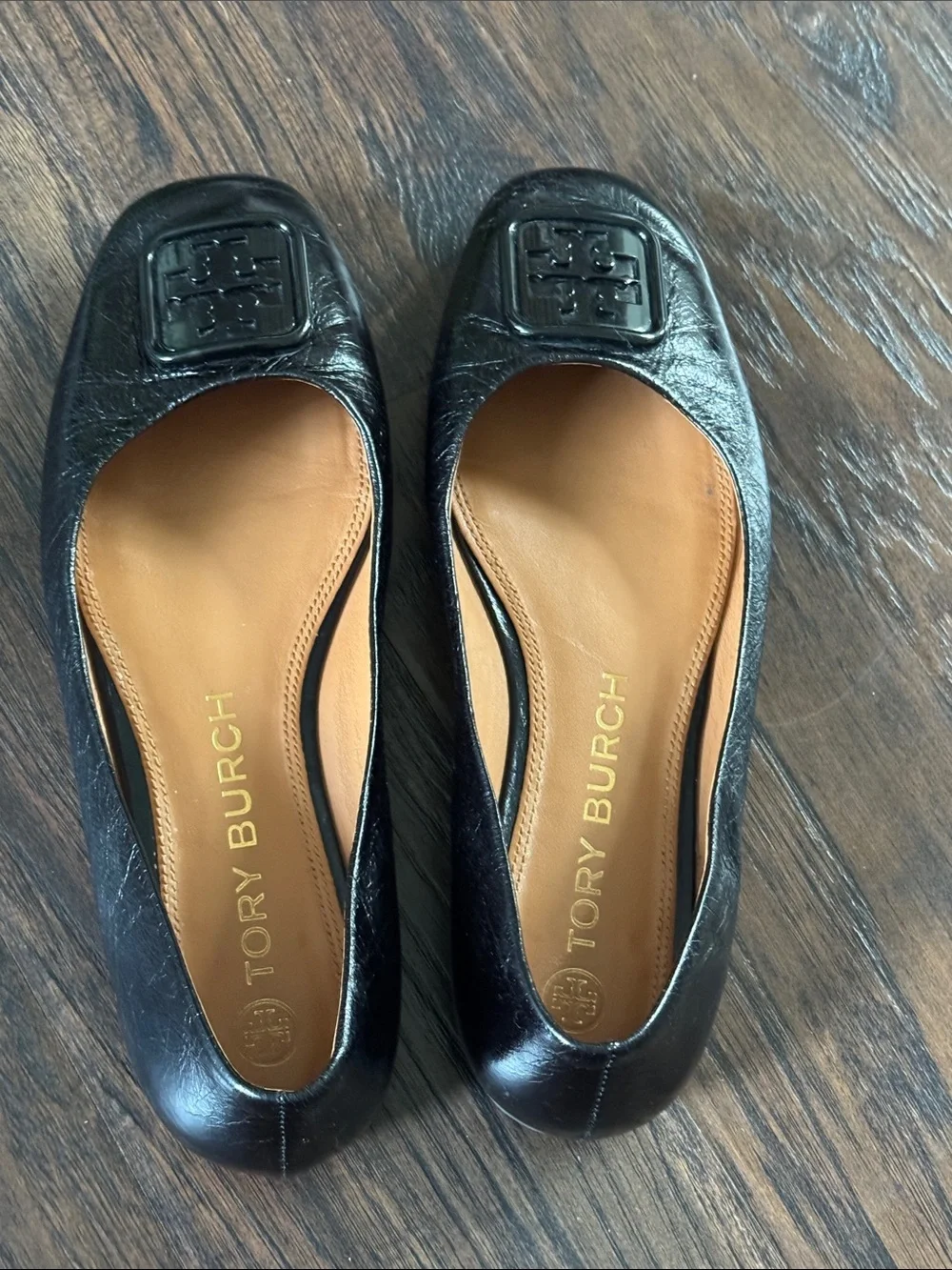 Tory Burch Black Leather Square-Toe Logo Flats